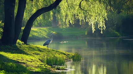 Graceful Heron Standing by Serene Lake Under Lush Green Trees