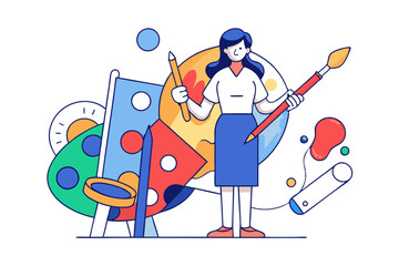Artistic illustration of female painter holding a giant palette