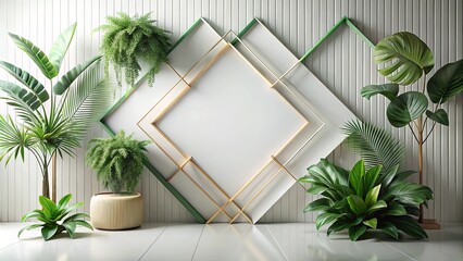 Lush Greenery and Geometric Gold Frame Wall Decor in a Minimalist Room