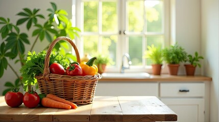 A wicker basket brimming with fresh, vibrant vegetables sits on a rustic wooden table, bathed in sunlight streaming from a nearby window, creating a wholesome kitchen scene.