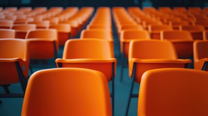 Naklejka premium Seats of orange tribune on sport stadium. empty outdoor arena. concept of fans. chairs for audience. cultural environment concept. color and symmetry. empty seats. modern stadium