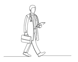 a doctor walking with a briefcase and clipboard, wearing a lab coat and stethoscope Captures the essence of a busy healthcare professional in a clean, artistic style. continuous line drawing design 