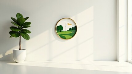 Serene Indoor Scene Featuring a Golf Course Artwork and a Potted Plant