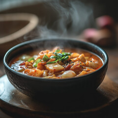 Close-up of ratatouille with vibrant colors, garnished with fresh herbs, rustic wooden background