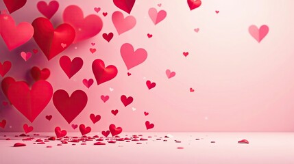 Romantic Celebration A Shower of Crimson and Pink Hearts Descending onto a Soft Pink Surface