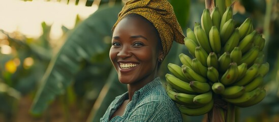 Banana plantation. A happy African female farmer with her organic bananas in a farm. Sustainable agriculture for living
