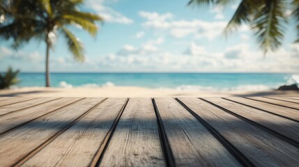 selective depth of field shot of wooden decking with beach in background, product display mockup