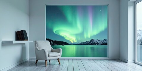 Serene Minimalist Room with a Breathtaking Aurora Borealis Wall Mural