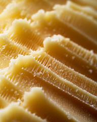Close-up of Manchego cheese showing rich texture and crumbly edges, warm natural light, elegant presentation 