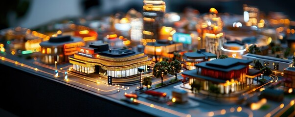 Obraz premium A detailed miniature cityscape illuminated at night, showcasing buildings, streets, and a vibrant atmosphere.