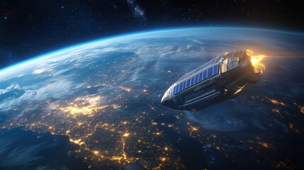 Obraz premium A stunning view of an advanced spacecraft moving above Earth, showcasing the vibrant lights of cities and the beauty of our planet from space.