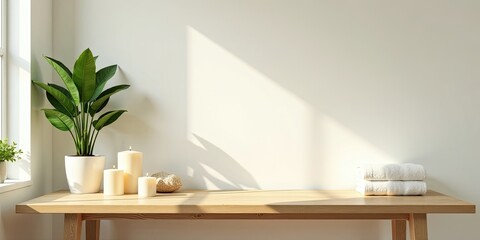 Serene Minimalist Room Decor Wooden Table, Candles, Plant, and Towels in Sunlight