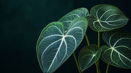 leaf with a heart-shaped form. The leaf's veins create a delicate pattern that draws the eye inward. The dark background emphasizes the leaf's vibrant green color and intricate details.