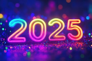 Vibrant Neon 2025 New Year's Eve Celebration Festive Lights Rainbow Sparkle Background