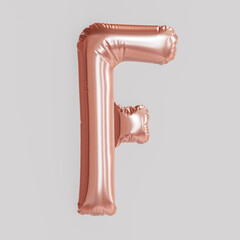Letter F balloon on white background, rose gold foil balloon, 3d render.