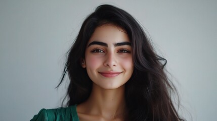 Fototapeta premium Cheerful Middle Eastern Girl with Long Hair Smiling Joyfully
