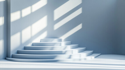 Bright sunlight casts shadows on white steps in minimalistic interior design. 