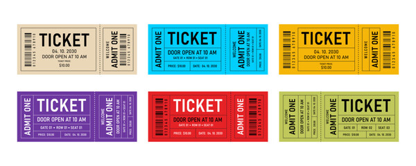 Vector set of admit one ticket templates. Modern and Colorful Admission Passes. cinema, concert, movie, play, party, event, circus, carnival, film, festival.