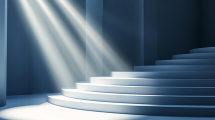 Obraz premium Light beams illuminate a serene staircase in a tranquil indoor setting. 