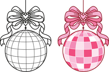 Pink bow ribbon with night club disco ball clipart coquette aesthetic for design element or coloring page. Vector illustration.