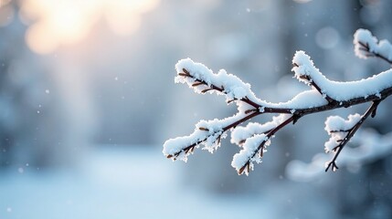 Obraz premium A delicate branch, adorned with a pristine layer of winter snow, bathed in the soft glow of the setting sun, a serene winter landscape scene