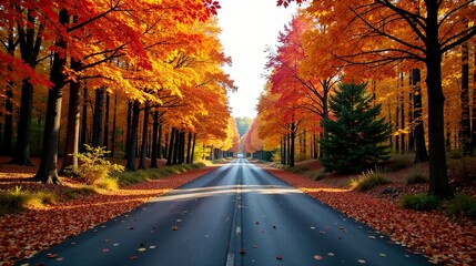 Fototapeta premium Autumnal Road Through Vibrant Foliage A Scenic Drive Through a Canopy of Golden and Red Leaves