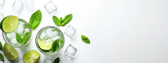 Refreshing mojito drink garnished with lime and mint leaves on a white background, surrounded by ice cubes.