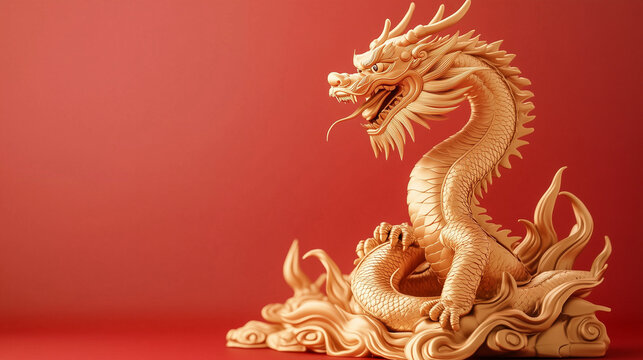 Majestic golden dragon statue on a vibrant red background, perfect for Chinese New Year, Lunar New Year, and Asian-themed designs. Ample copy space for personalized text and decorative elements.
