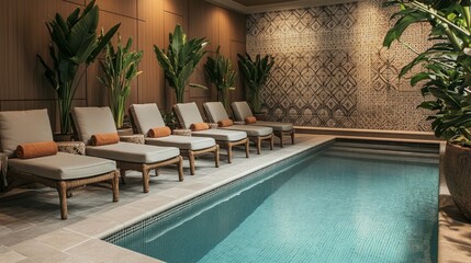 A cozy, tropical-inspired poolside with padded chairs, decorative plants, and walls adorned with textured tile patterns.