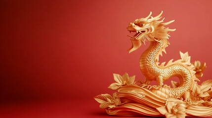 Fototapeta premium Majestic golden dragon statue on a vibrant red background, perfect for Chinese New Year, Lunar New Year, and Asian-themed designs. Ample copy space for personalized text and decorative elements.