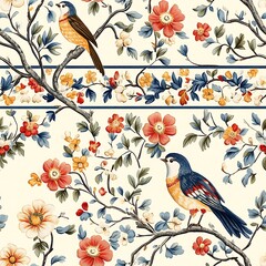 Delicate Bird and Flower Motifs Intertwined in Elegant Design