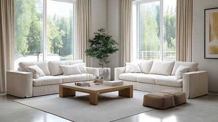 Obraz premium A clean and elegant living room design with minimalist furniture, soft neutral tones, and large windows letting in natural light.