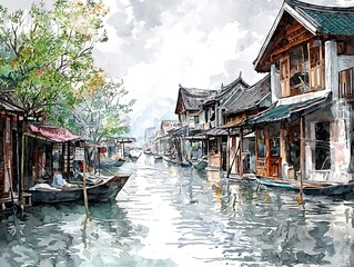 Fototapeta premium Watercolor Painting of a Tranquil Canal Scene in a Traditional Chinese Village.