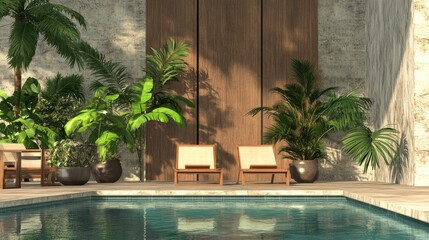A high-end poolside lounge with modern chairs, leafy tropical plants, and a combination of textured stone and wood walls