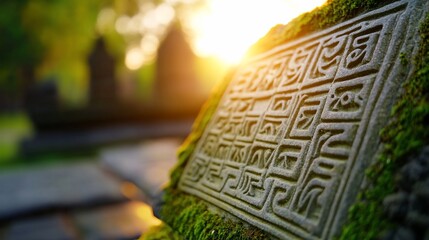 Mossy stone carving with ancient script at sunset.