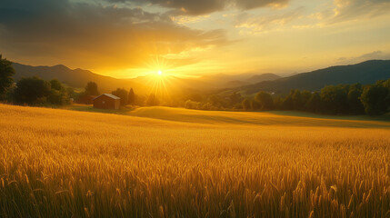 Golden wheat fields bask in the sunset set against rolling hills