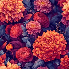 Vivid Floral Pattern with Symmetrical Arrangements of Colorful Blooms