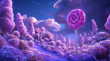 Sweet candy landscape with a glowing purple lollipop centerpiece