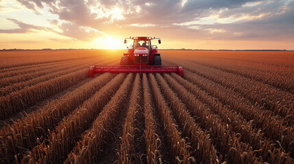 Fototapeta premium A red tractor harvests a golden wheat field at sunset
