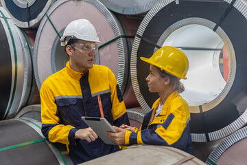Two young engineers or mechanical workers in safety suit discuss and consult each other for their...