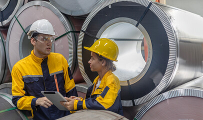 Two young engineers or mechanical workers in safety suit discuss and consult each other for their work routine next to the rolls of metal sheets in a factory. Partnership among two workers.