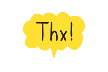 THX speech bubble yellow bright icon. Thank you hand drawn quote text. Doodle thx phrase.
