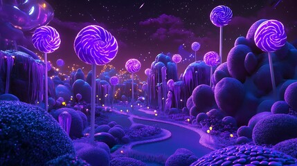 Fantasy candyland filled with purple lollipops and glowing candy structures