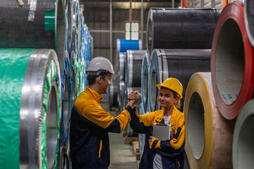 Two young engineers or mechanical workers in safety suit express happiness and confidence by...