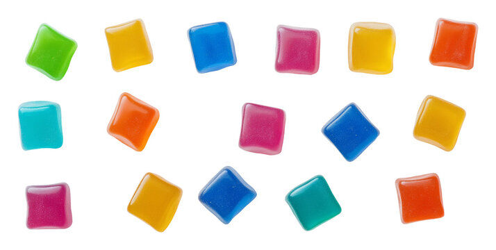 Colorful square jelly candies on white background, sweet confectionery and playful treats concept