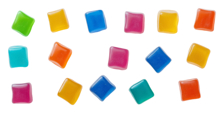 Colorful square jelly candies on white background, sweet confectionery and playful treats concept