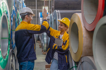 Two young engineers or mechanical workers in safety suit celebrate their agreement with high five next to the rolls of metal sheets in a factory. Partnership among two workers. Cooperation in factory
