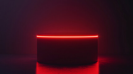 Modern circular platform illuminated with a vibrant red light in a dark setting. 
