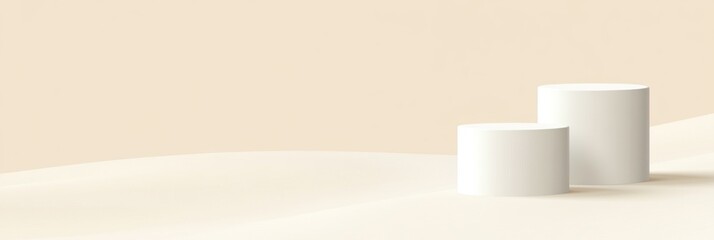Two white cylindrical podiums on beige background.