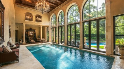 A luxury indoor pool with a high ceiling, elegant chandeliers, and panoramic windows offering a scenic view of a lush garden